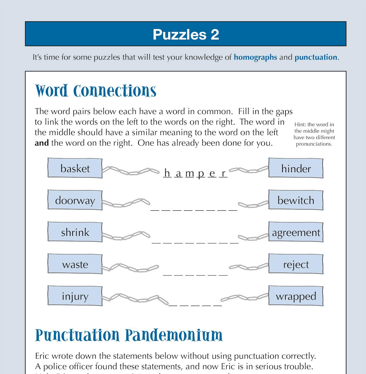 Puzzle page featuring word connection and punctuation challenges
