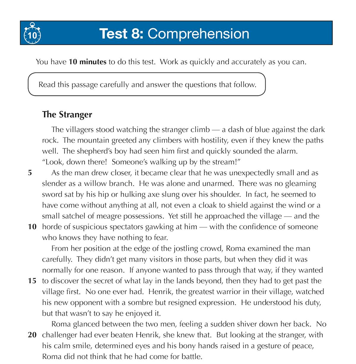 Sample test page from GL 11+ English 10-Minute Tests displaying multiple-choice and short-answer questions on comprehension