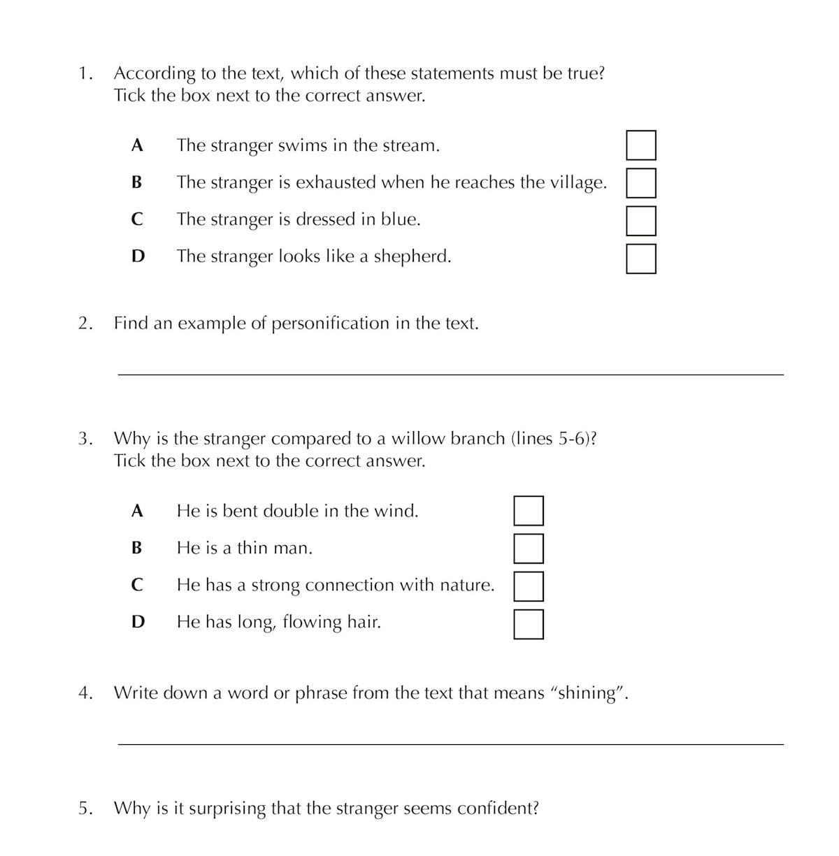 Sample comprehension test page from GL 11+ English 10-Minute Tests showing a reading passage titled 'The Stranger' with multiple-choice and written-answer questions