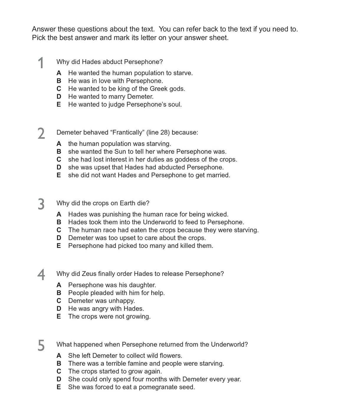 Sample question page showing reading comprehension questions based on a Greek myth