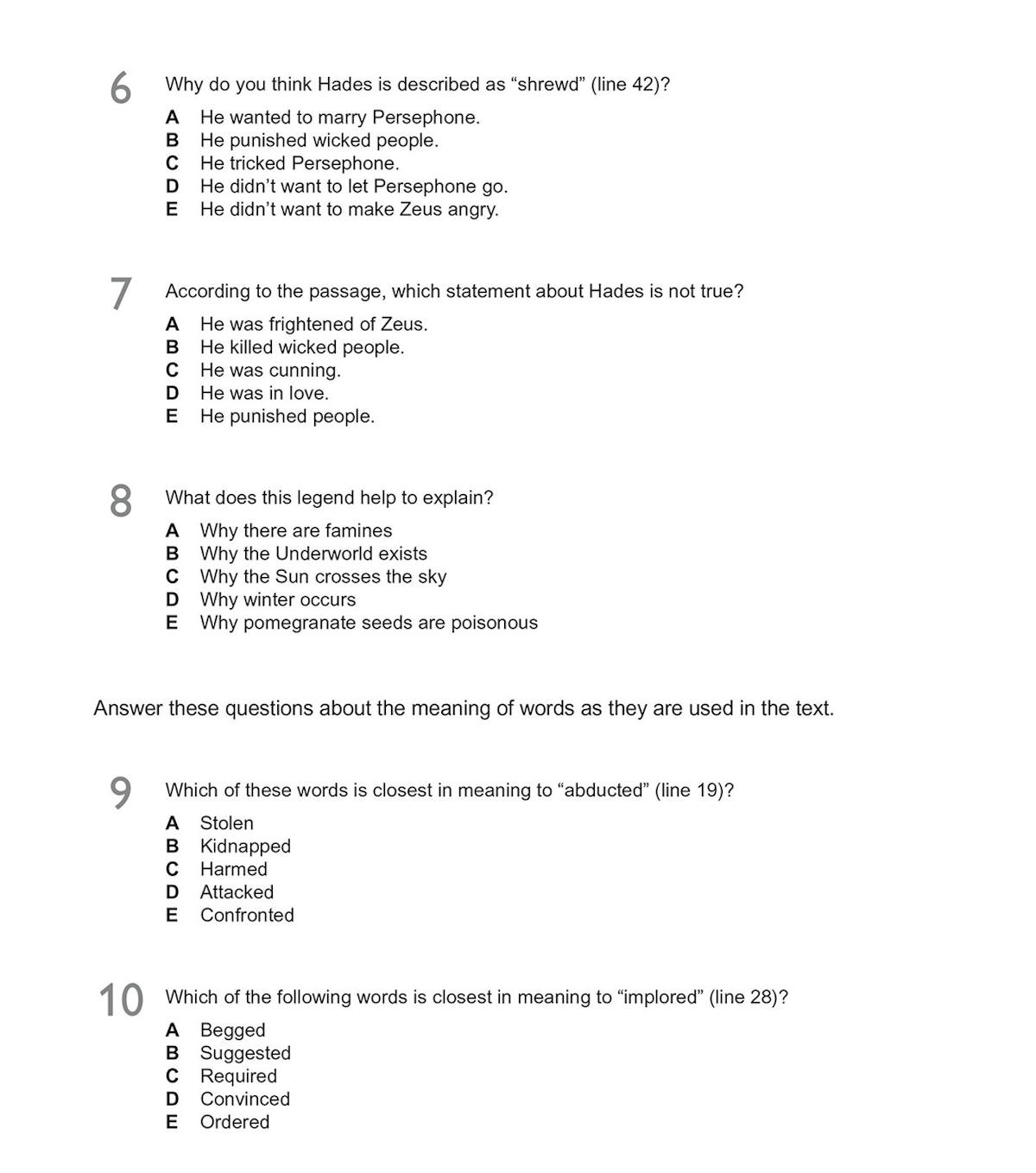 Sample question page showing vocabulary and comprehension questions