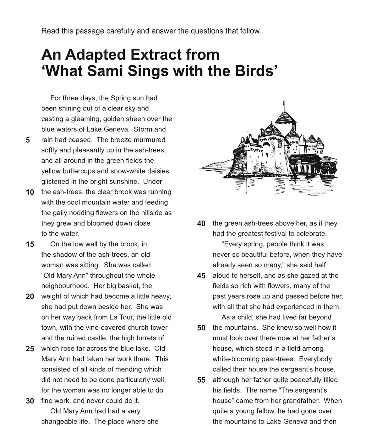Sample comprehension passage from GL 11+ English practice paper showing an adapted extract with questions