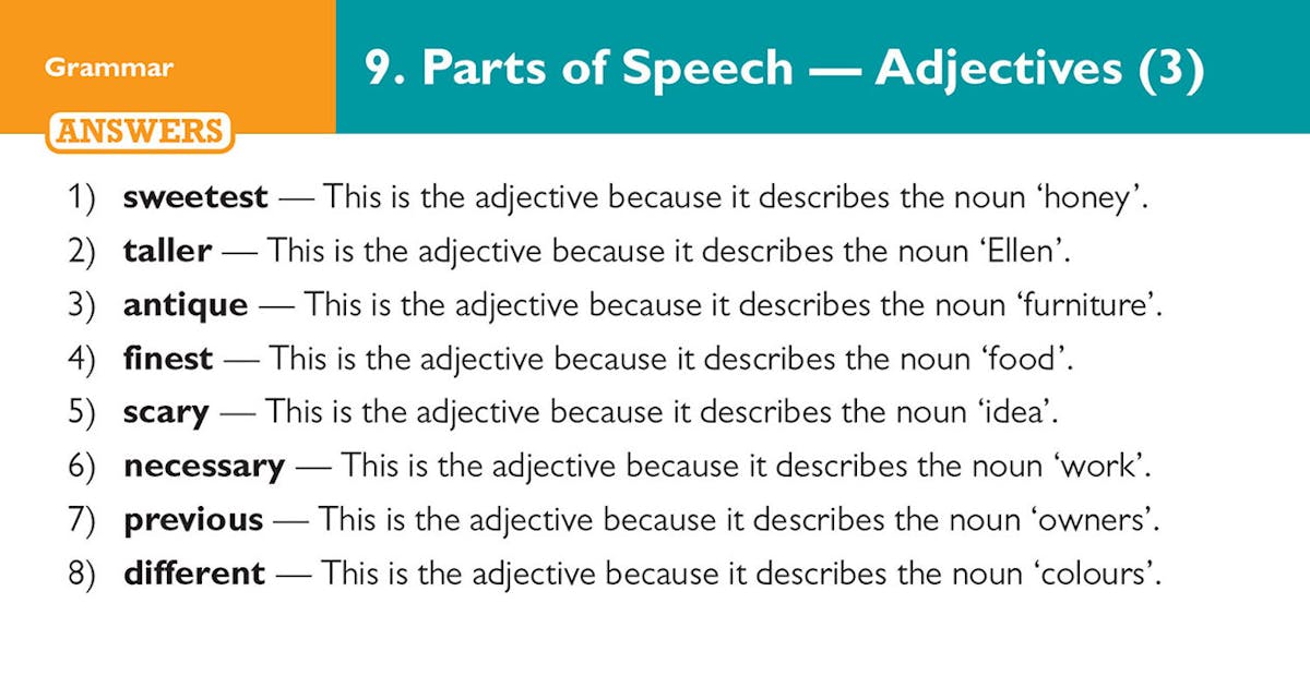 Answer side of a grammar card showing explanations for parts of speech