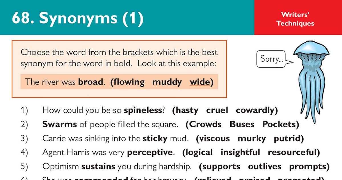 Sample question card showing synonyms exercise with multiple choice answers