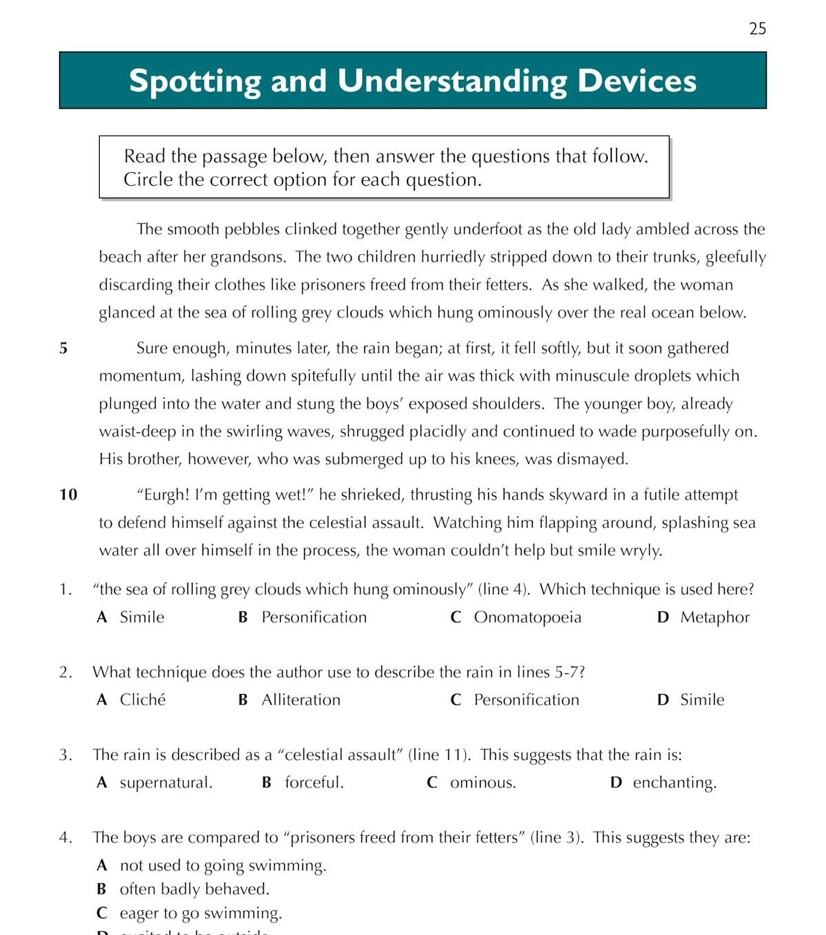 Sample page from the GL 11+ English Stretch Workbook showing a comprehension passage and multiple-choice questions on literary devices