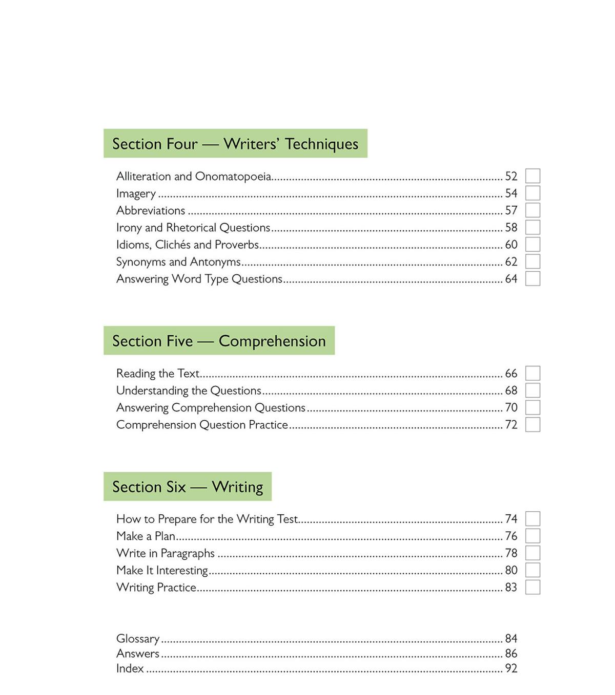 Writers' techniques section showing the table of contents for alliteration, imagery, abbreviations, irony and other language devices