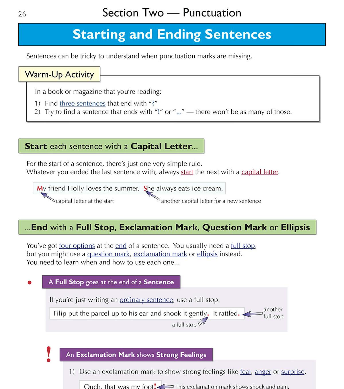Punctuation lesson page showing how to start and end sentences with capital letters, full stops, exclamation marks and question marks