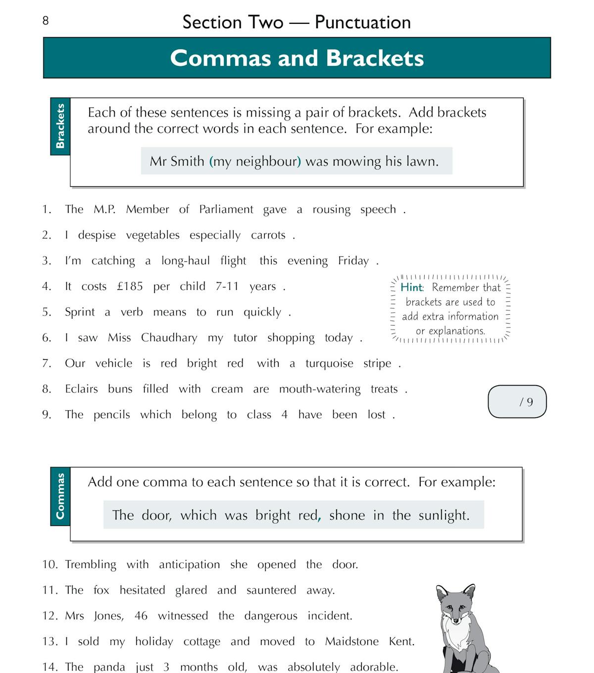 Punctuation practice questions covering commas and brackets