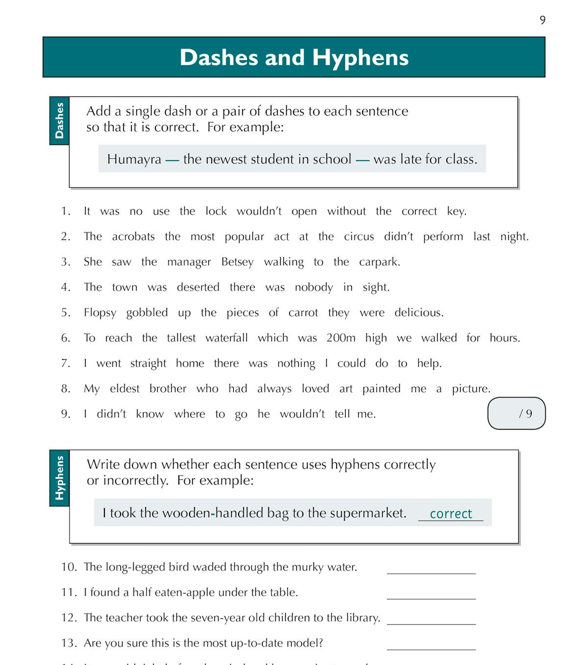 Dashes and hyphens practice questions with worked examples