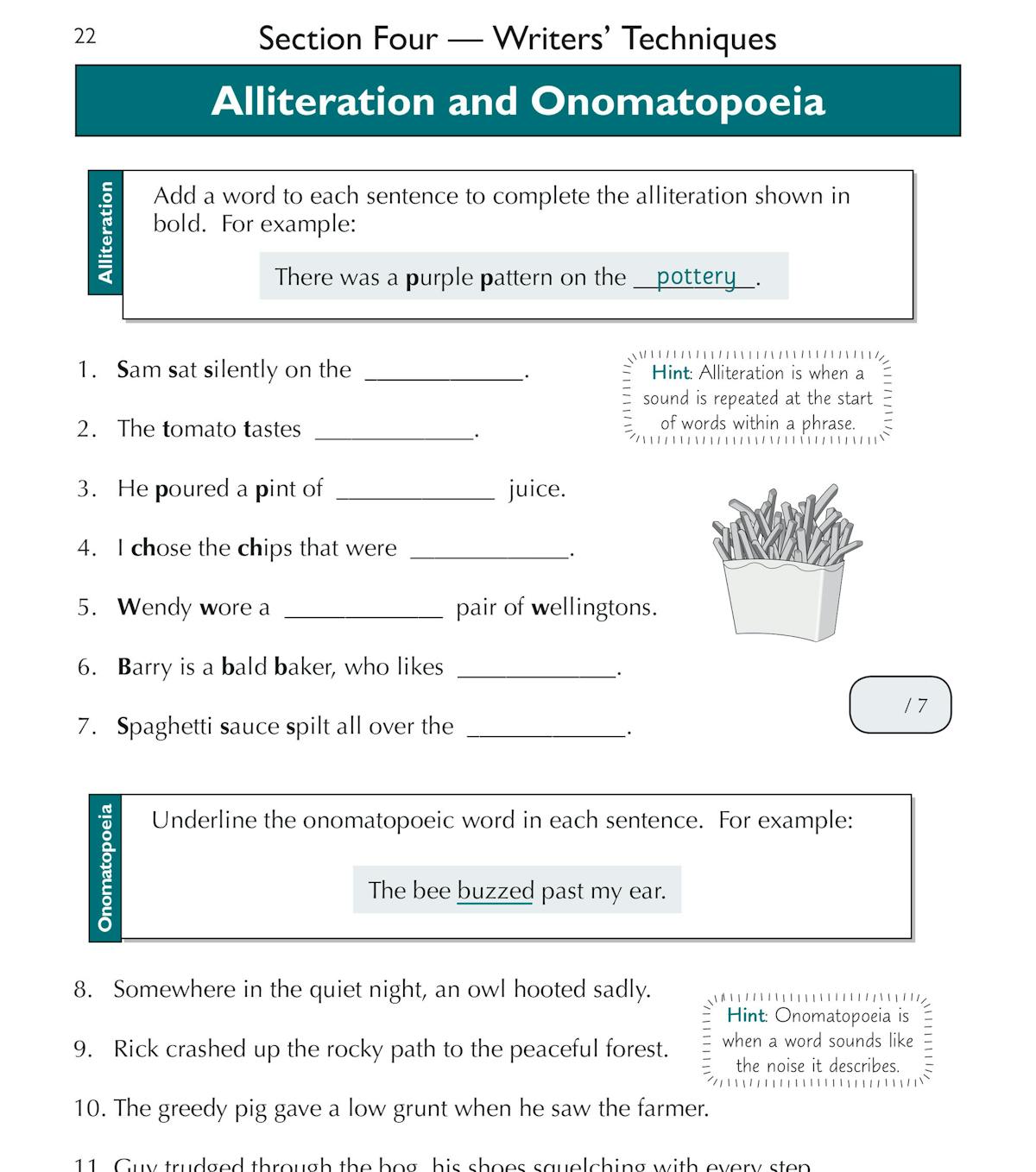 Sample page showing alliteration and onomatopoeia exercises from the GL 11+ English Workbook