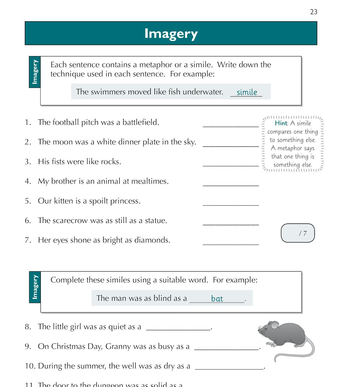 Sample page showing imagery and simile exercises from the GL 11+ English Workbook