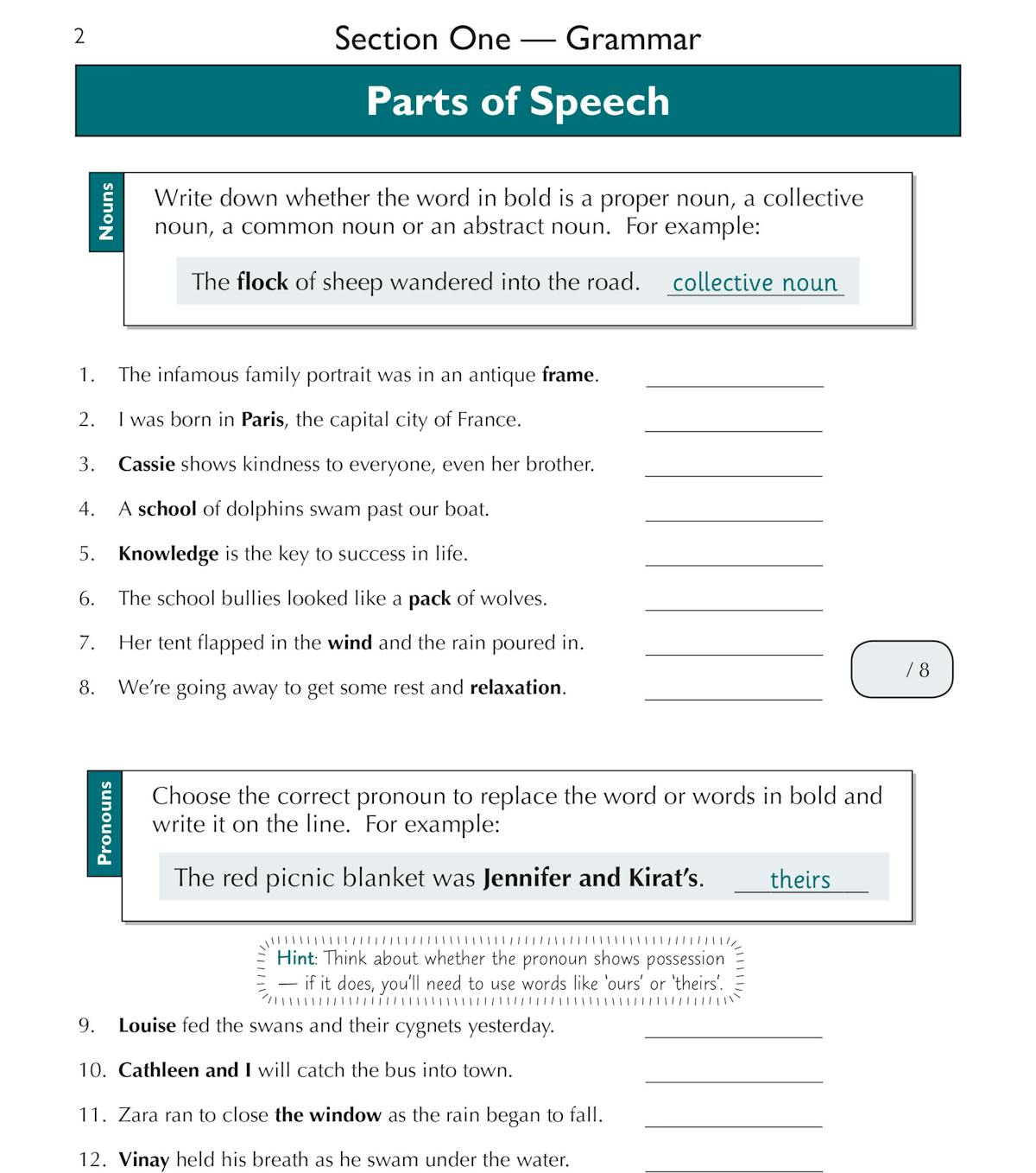 Sample grammar exercise page showing parts of speech and pronoun questions