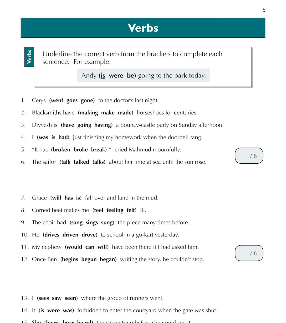 Sample verb exercise page with multiple-choice questions and visual examples
