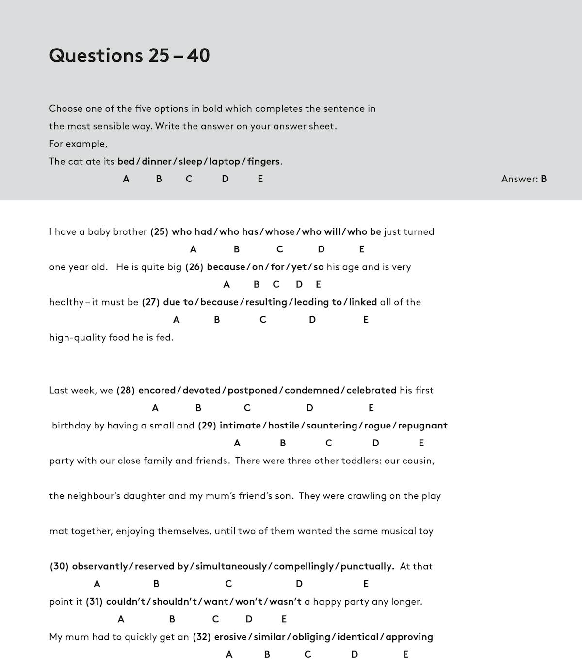Sample English comprehension question page with cloze-style multiple-choice tasks