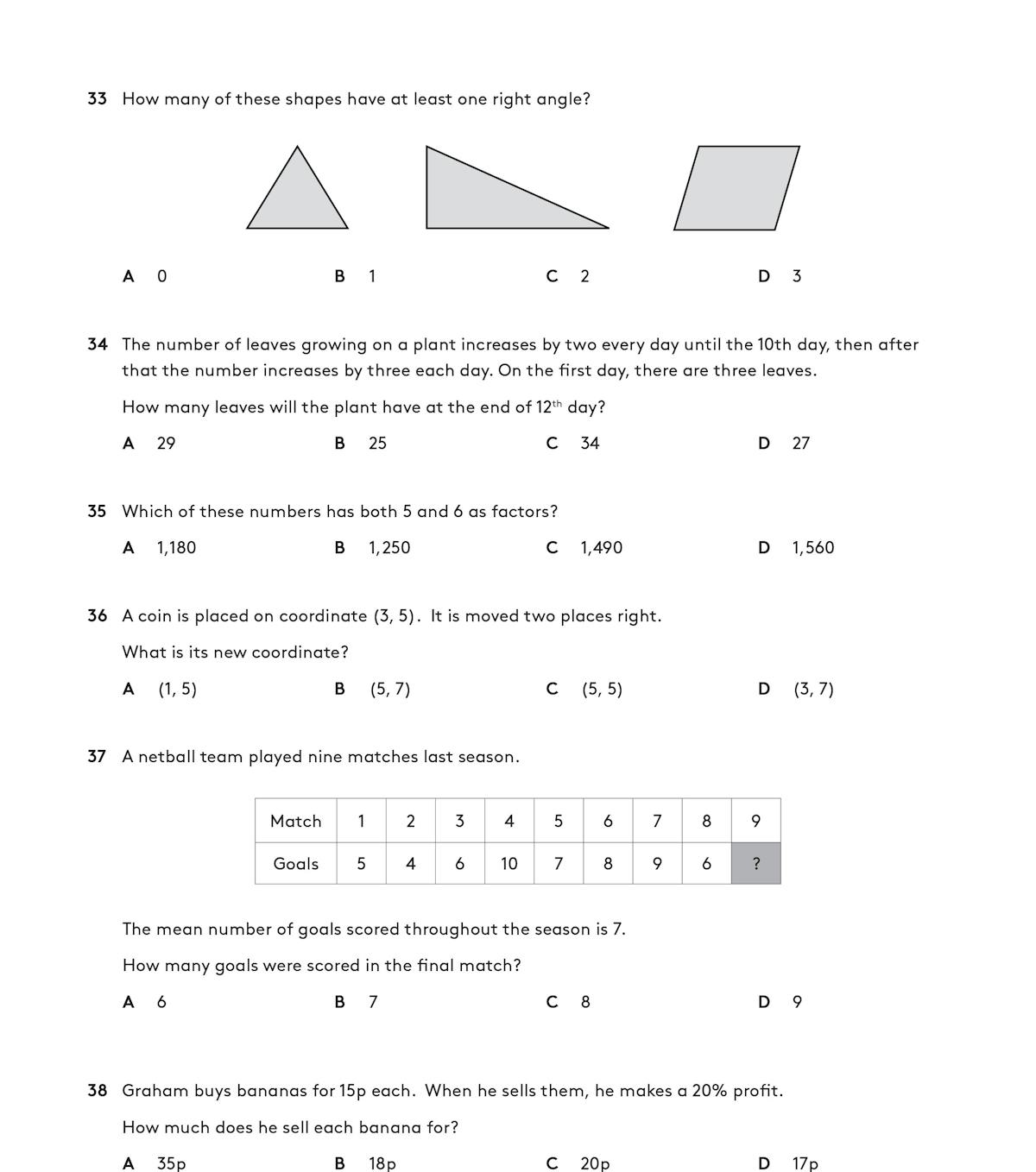 Sample maths question page showing multiple-choice problem-solving questions
