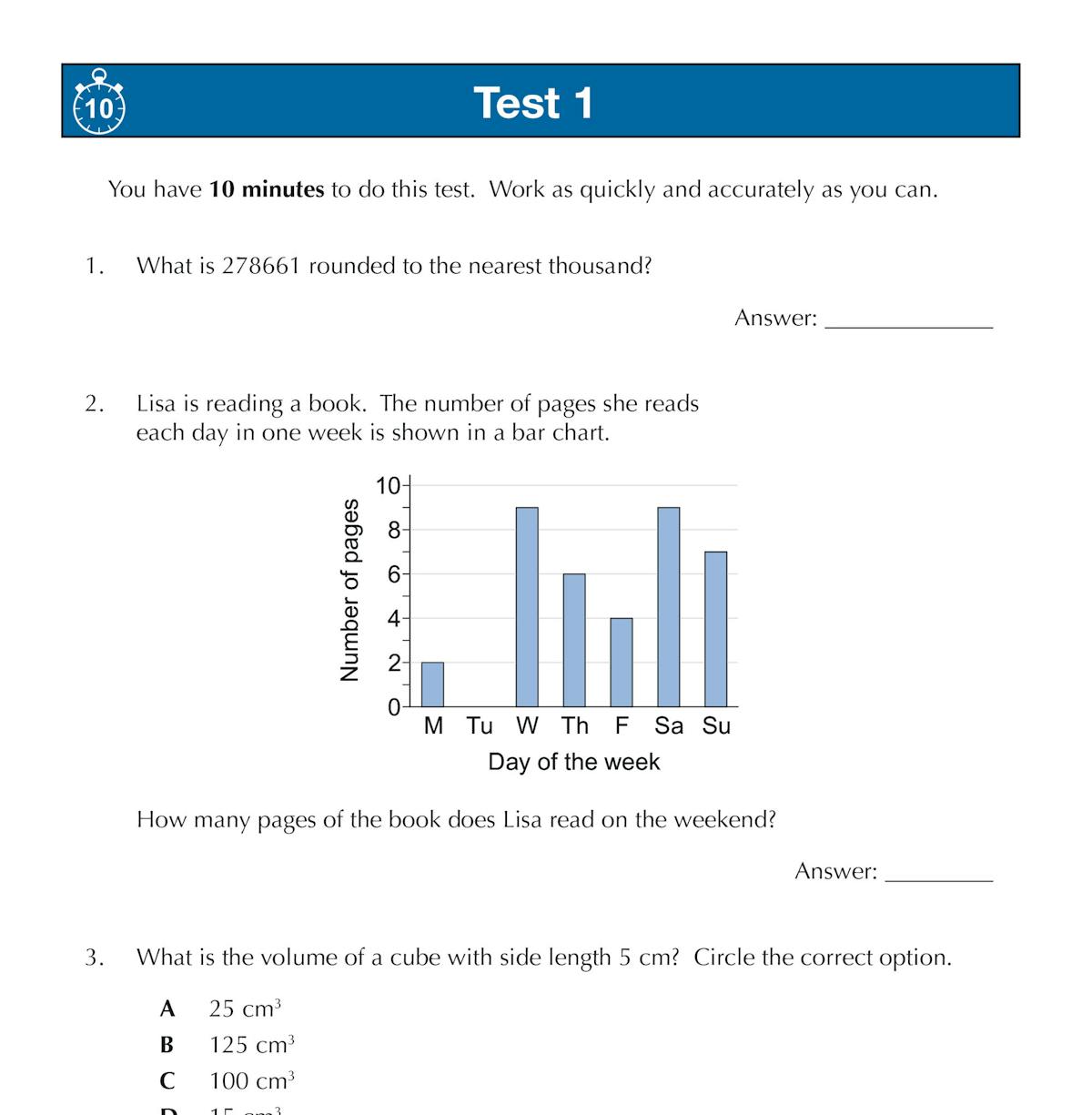 Sample page from the GL 11+ Maths 10-Minute Tests book showing a test with varied question types
