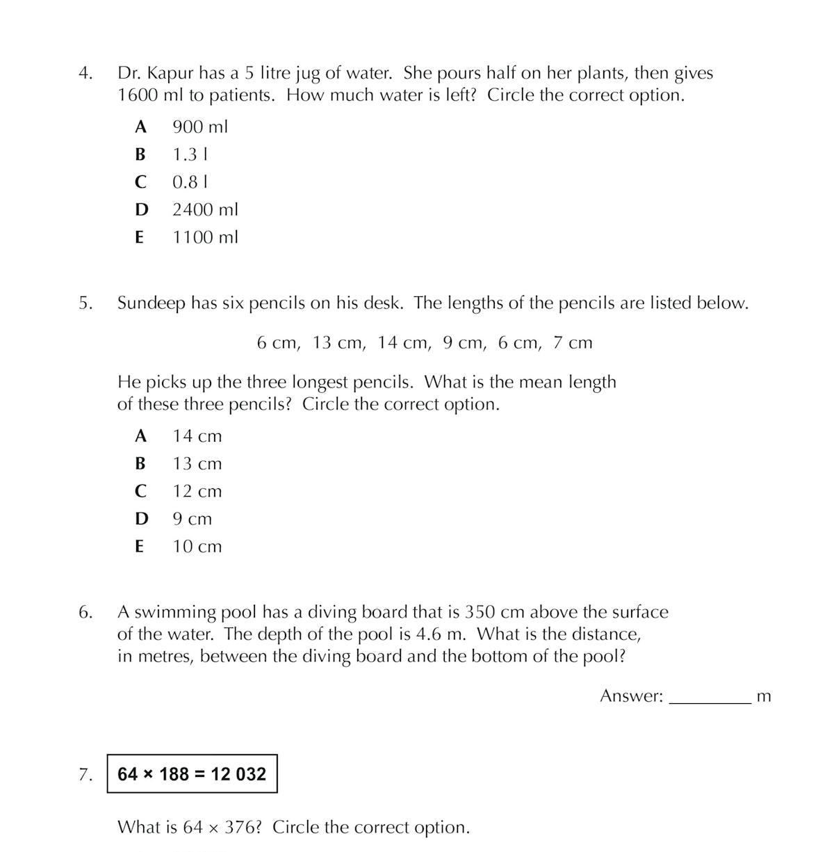 Sample test page showing multiple-choice maths questions including measures, mean calculation, and problem solving