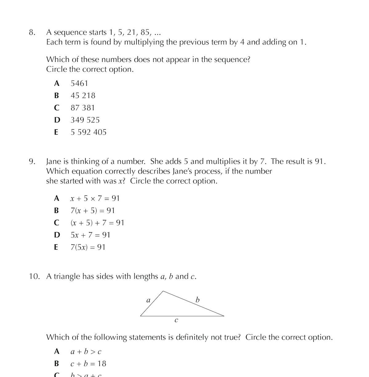 Test questions covering sequences, algebra, and triangle properties with multiple-choice answers