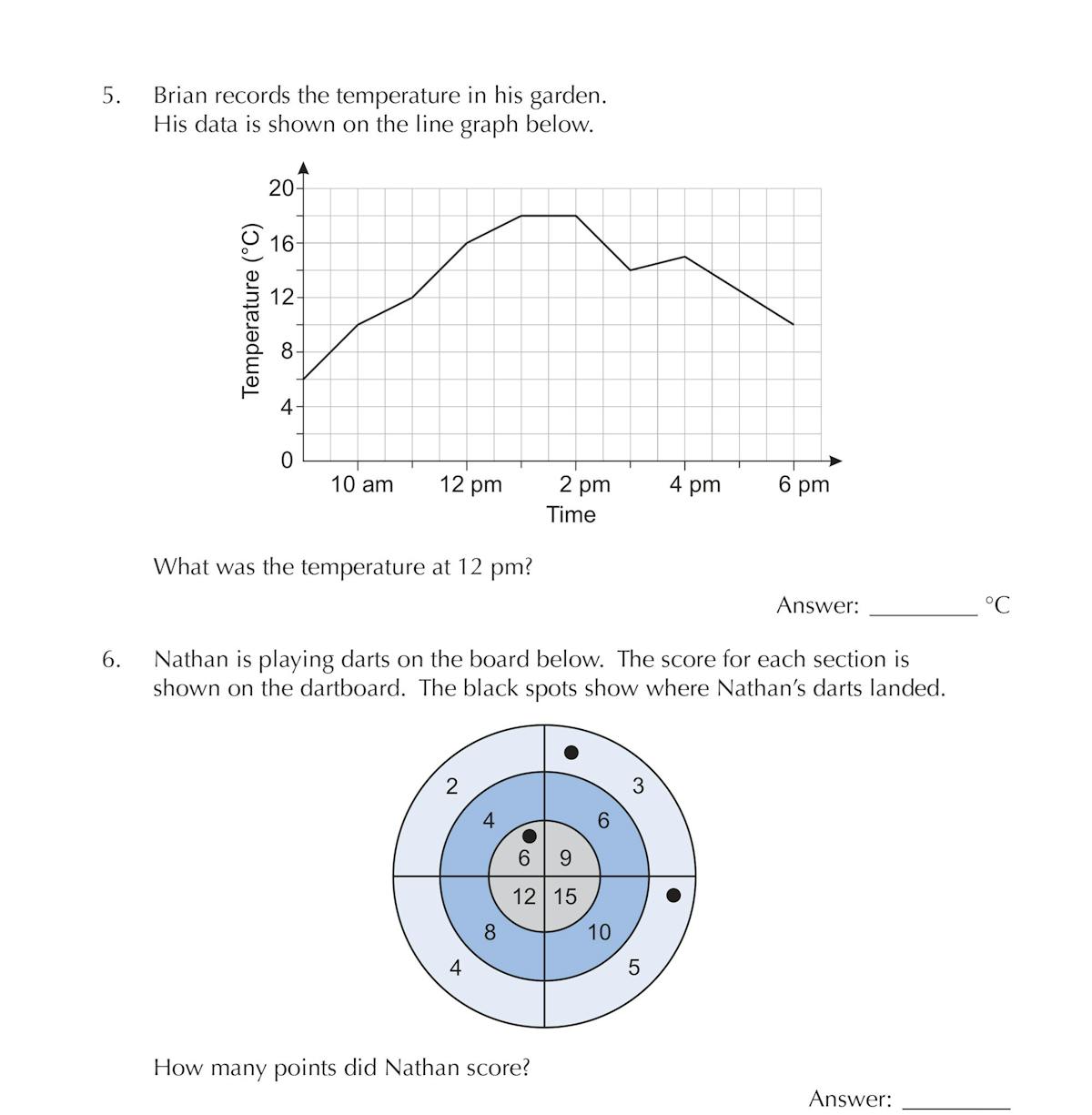 Sample test page showing line graph, dartboard scoring, and word problem questions