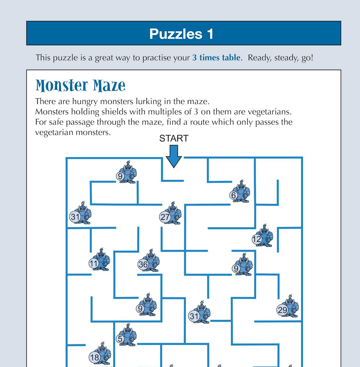 Sample page showing maths puzzle with monster maze and times-table challenge