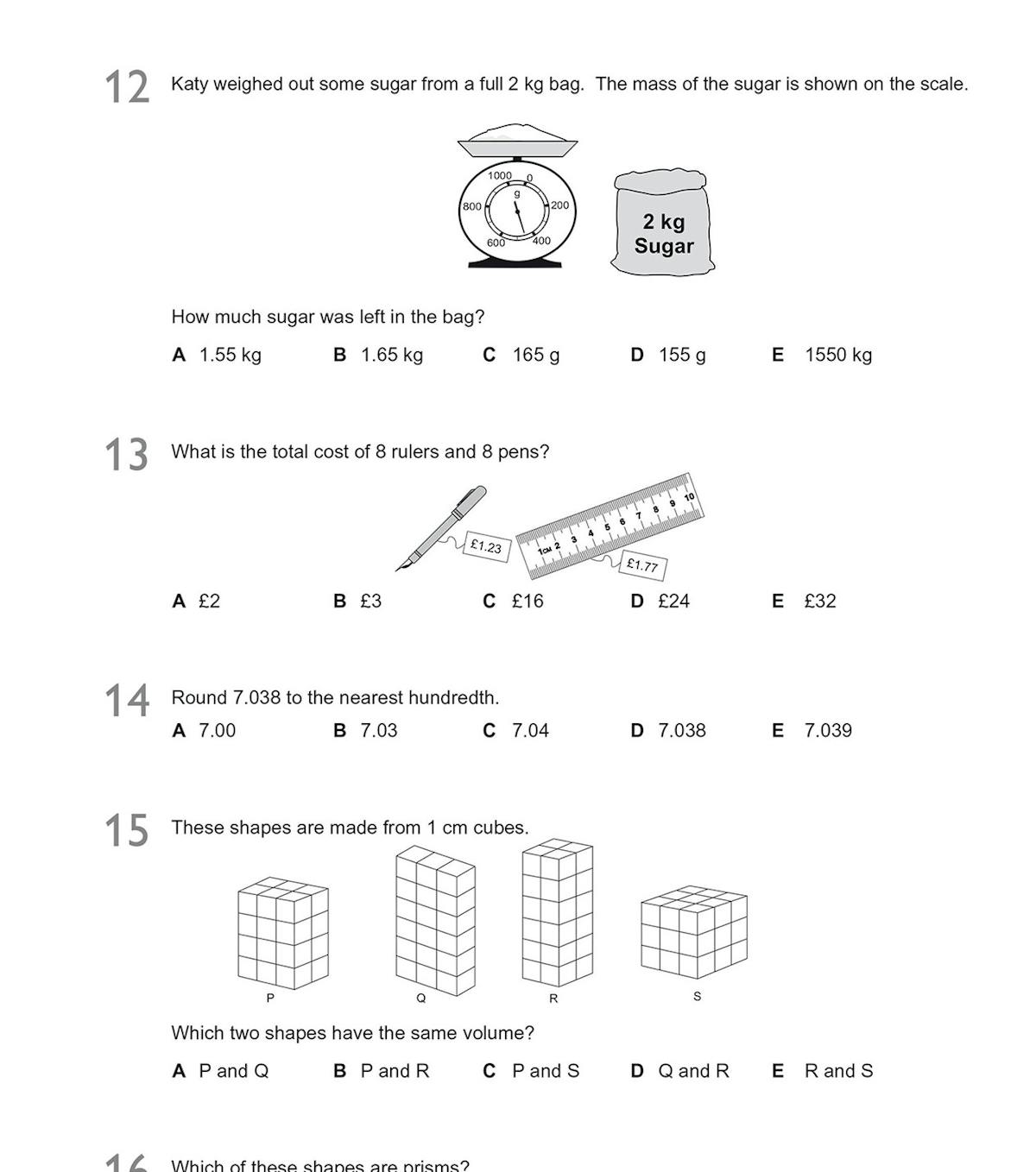 Sample questions from GL 11+ Maths practice paper showing measurement, money and geometry problems