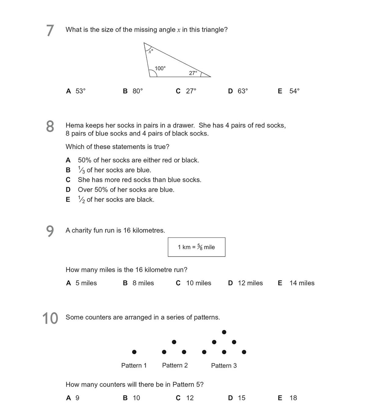 Sample GL 11+ Maths questions showing angles, fractions and pattern recognition