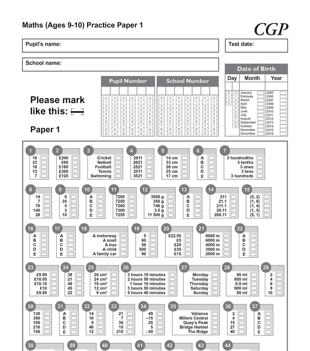 Answer sheet layout for GL 11+ maths practice paper showing multiple-choice bubble format and pupil details section