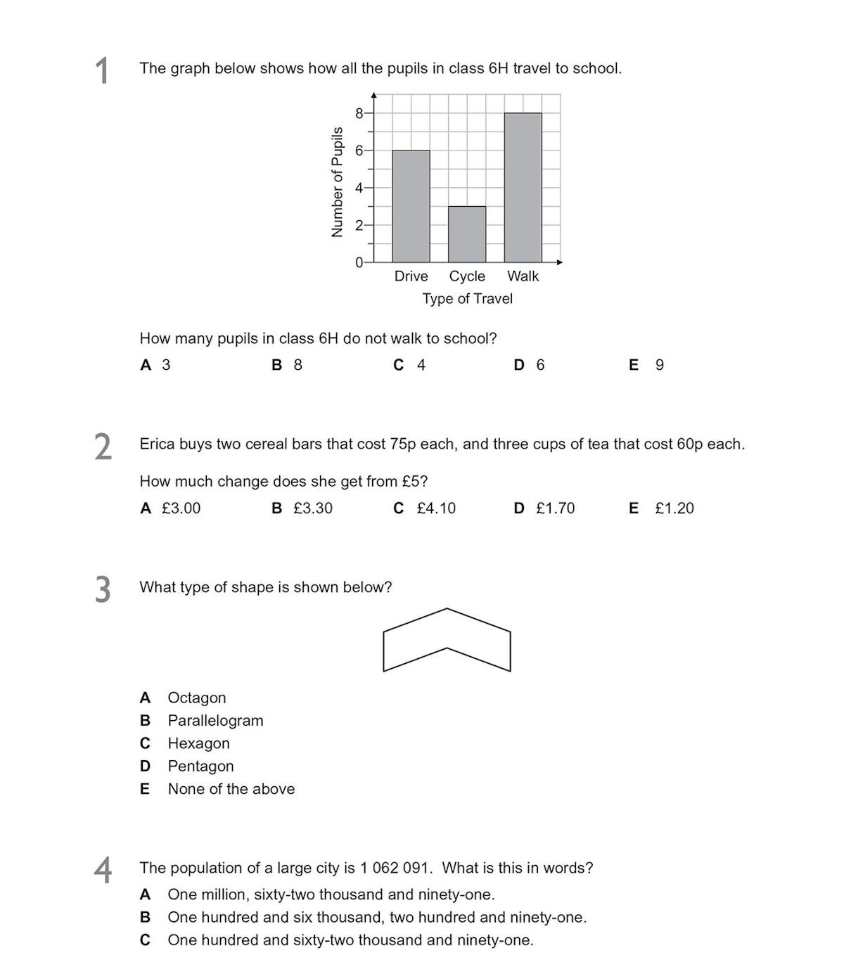 Further sample pages displaying GL 11+ maths questions on graphs, money problems, shapes and word problems