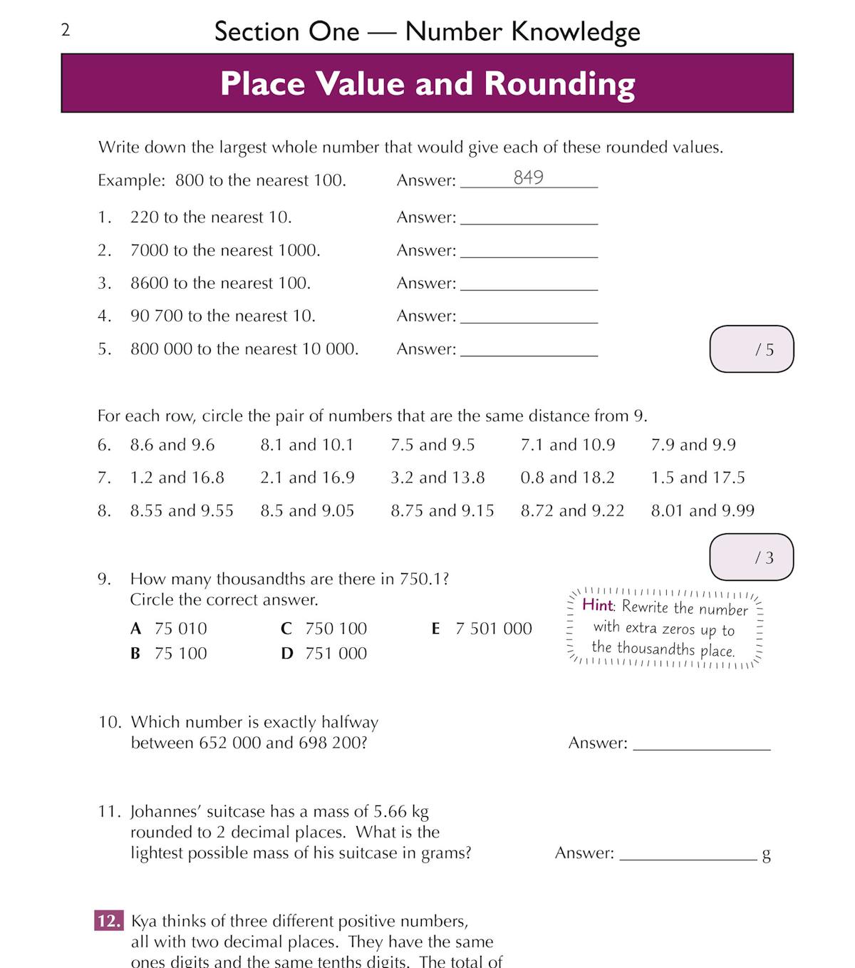 Number knowledge section featuring multiples, factors, Roman numerals and prime number questions