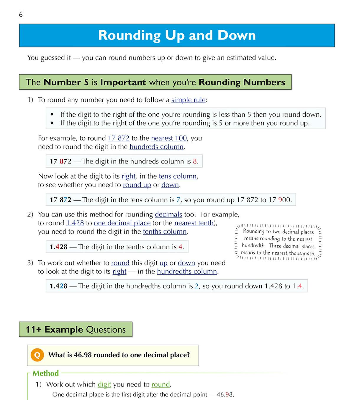 Sample pages showing clear explanations and worked examples on rounding numbers up and down
