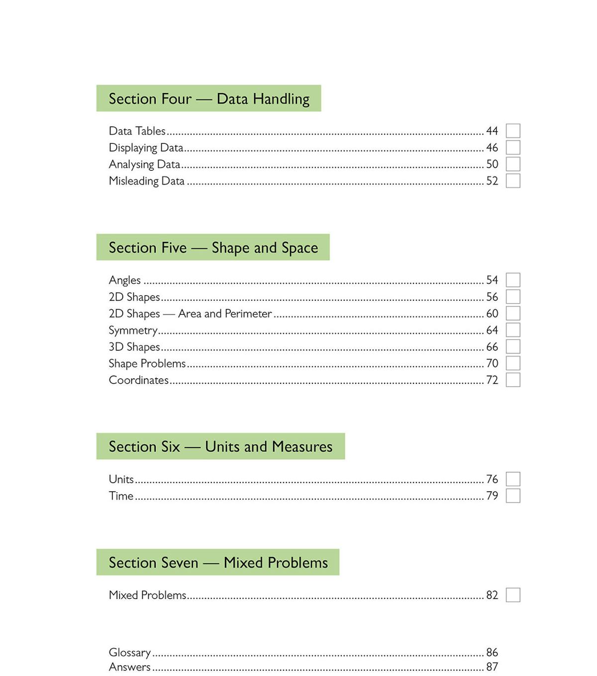 Detailed contents pages showing sections on Data Handling, Shape and Space, Units and Measures, and Mixed Problems