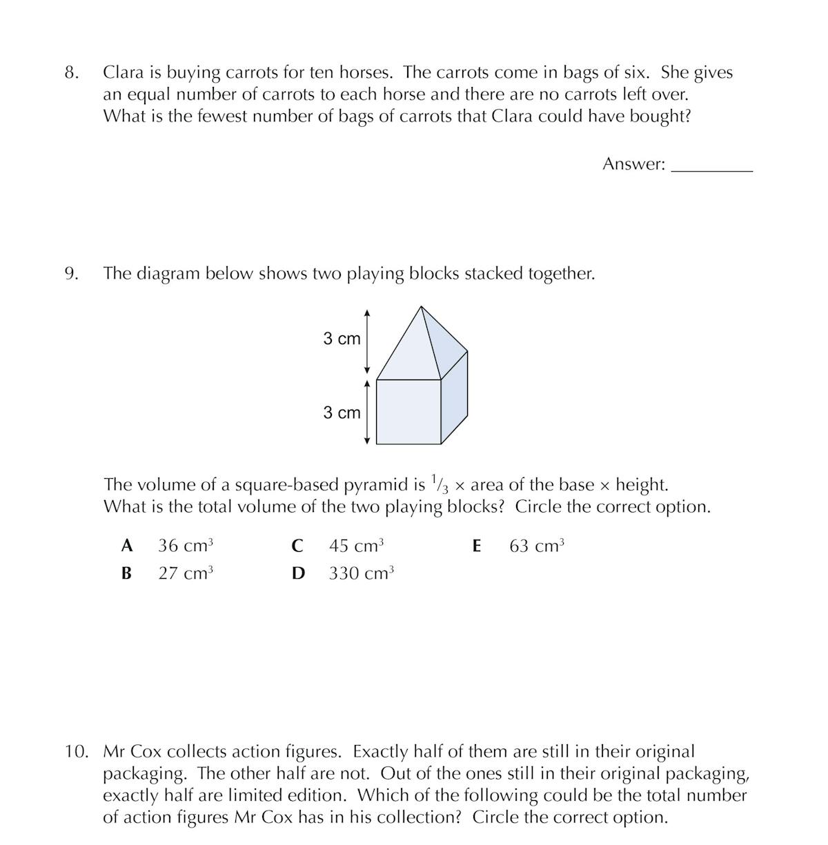 Sample test page showing word problems with diagrams and multiple-choice answers