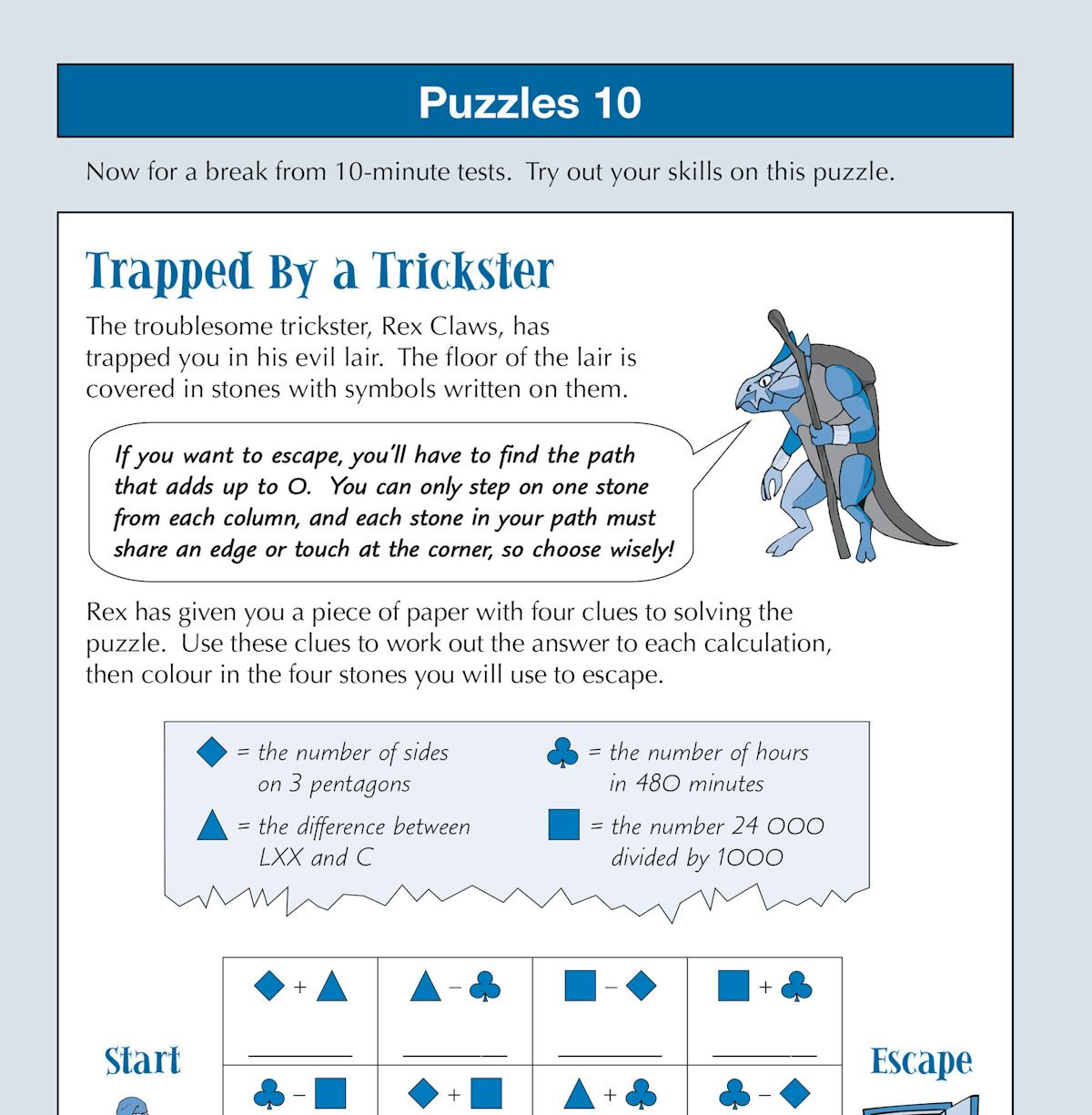 Puzzle page featuring a grid-based maths challenge with illustrated characters