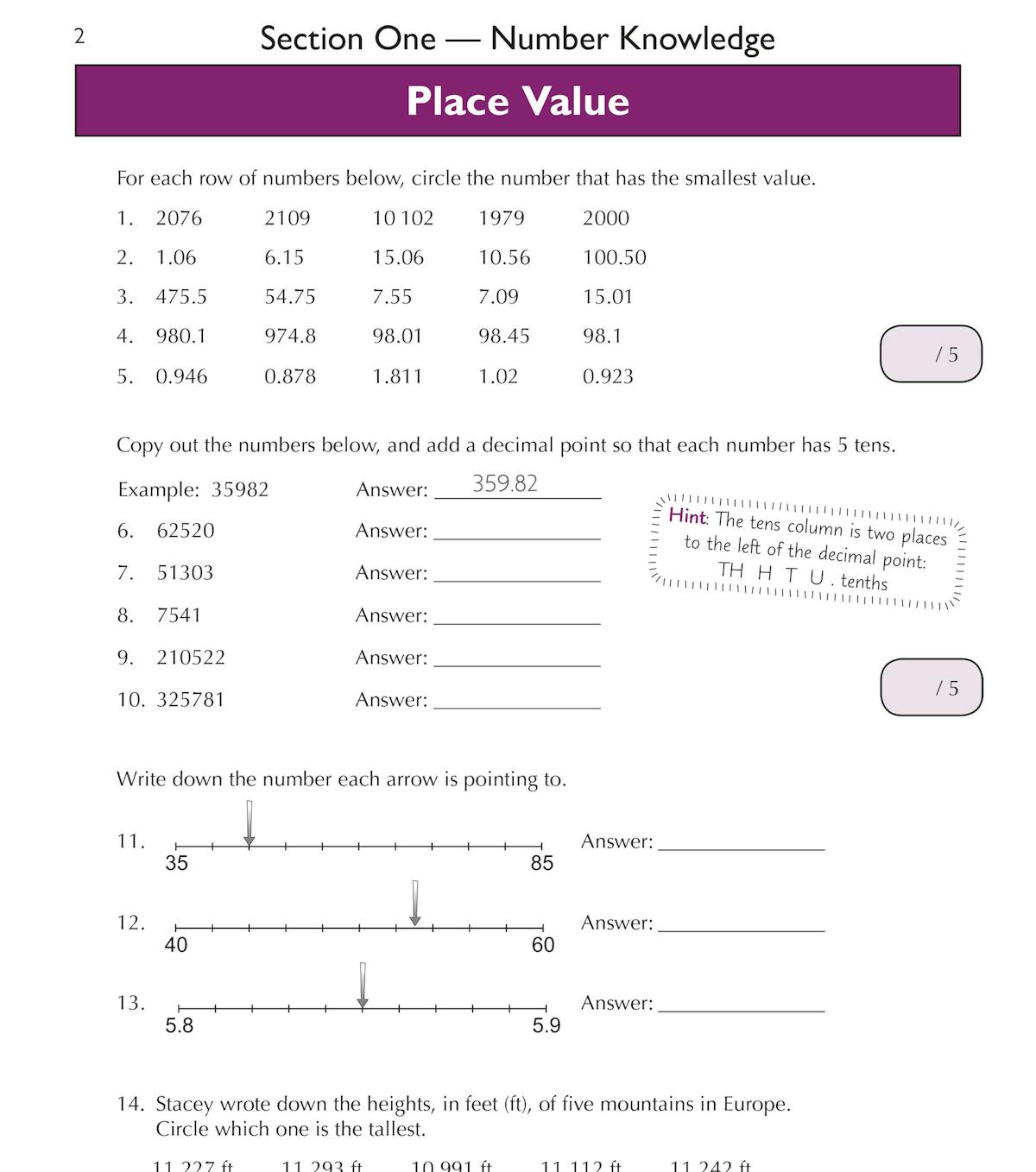 Place value and number knowledge practice questions from the GL 11+ Maths Workbook