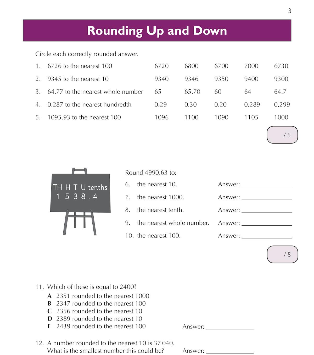 Rounding up and down multiple-choice and written questions from the workbook