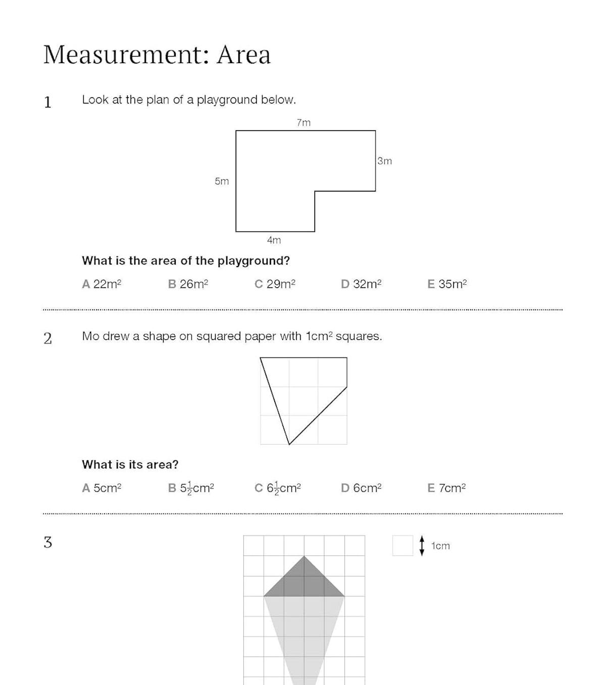 Sample page showing measurement area questions from the GL 11+ Maths Workbook