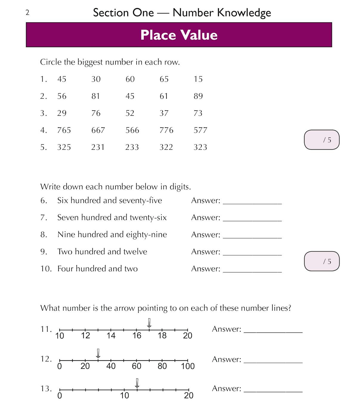 Place Value practice page showing questions about identifying numbers and number lines