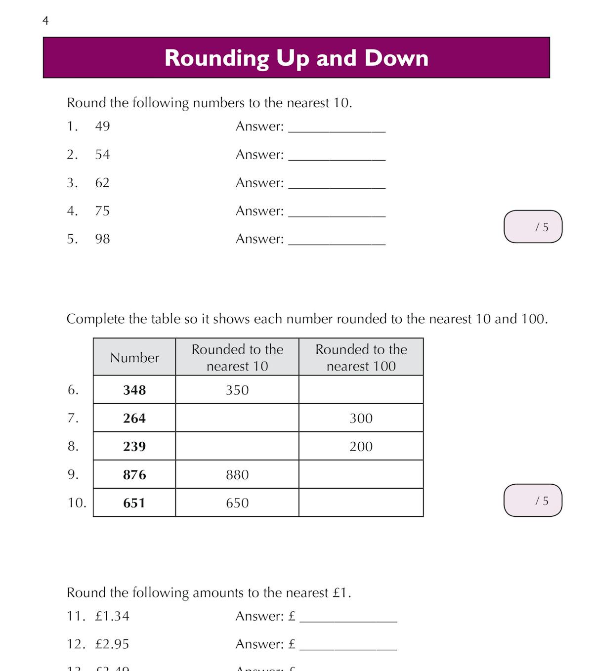 Sample page from the GL 11+ Maths Workbook showing rounding exercises with tables and number problems