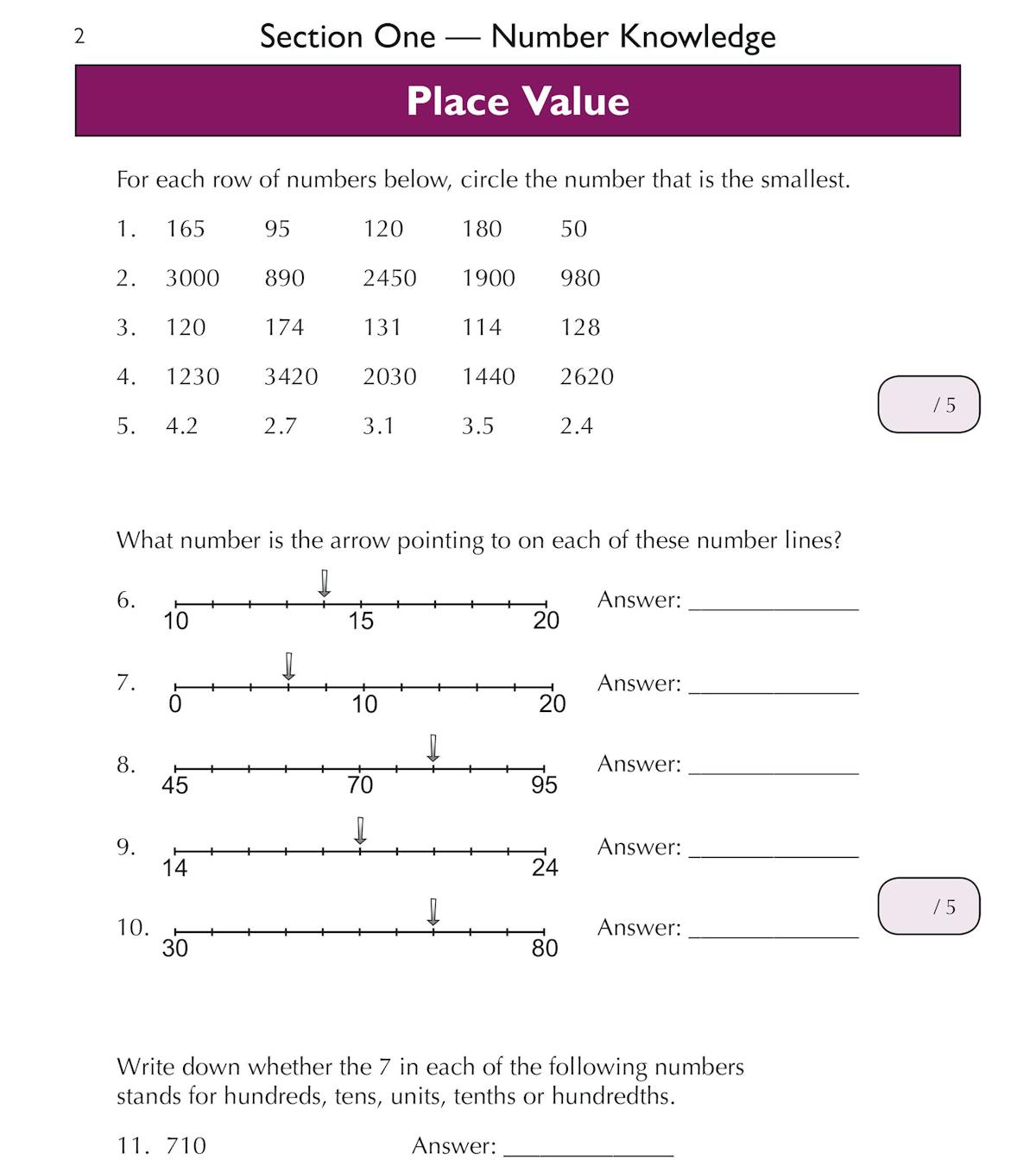 Sample page showing place value and number line questions from the GL 11+ Maths Workbook