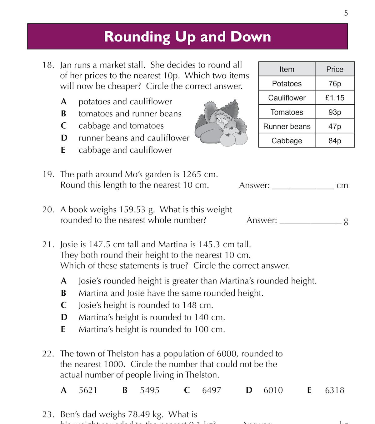 Sample page showing rounding, multiple-choice questions and word problems from the GL 11+ Maths Workbook