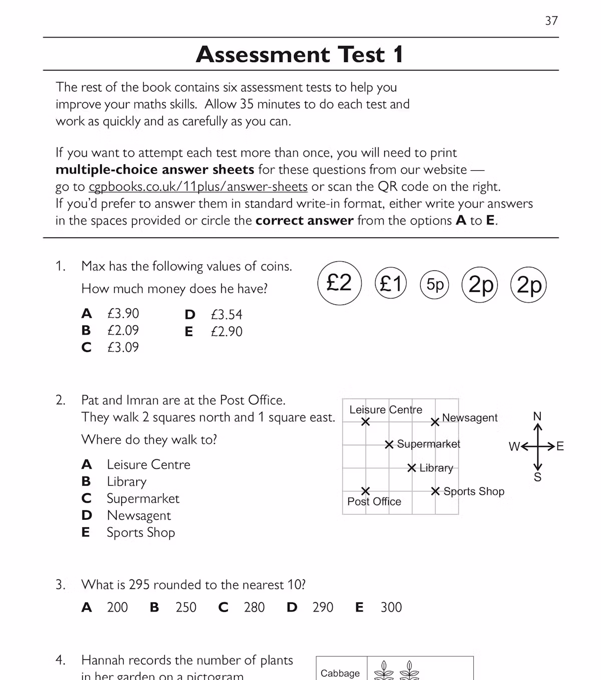 Sample maths assessment test page showing multiple-choice questions on money, direction, rounding and pictograms