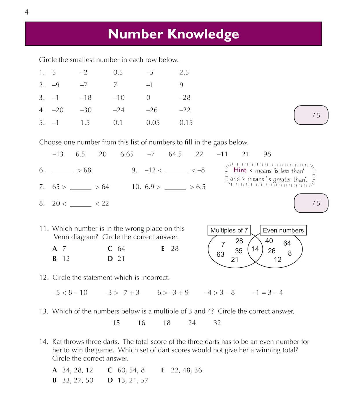 Workbook page showing circling exercises, inequality problems, and Venn diagram question with answer spaces
