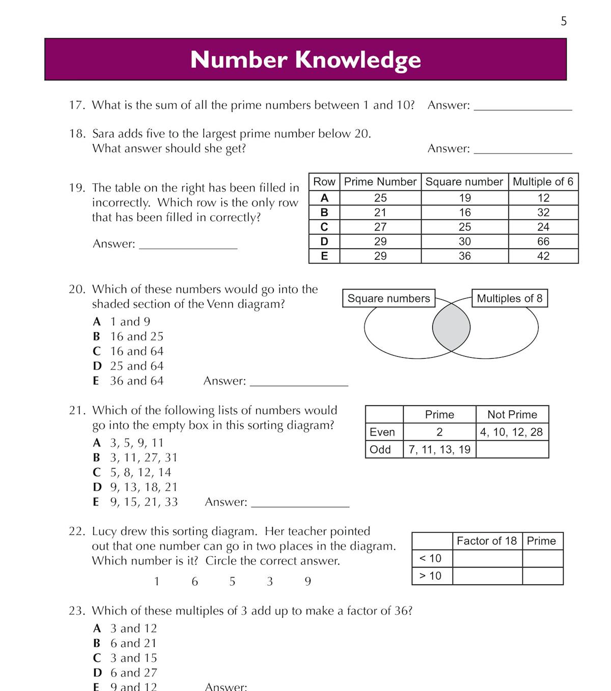 Sample page showing Number Knowledge maths questions with multiple choice answers and diagrams
