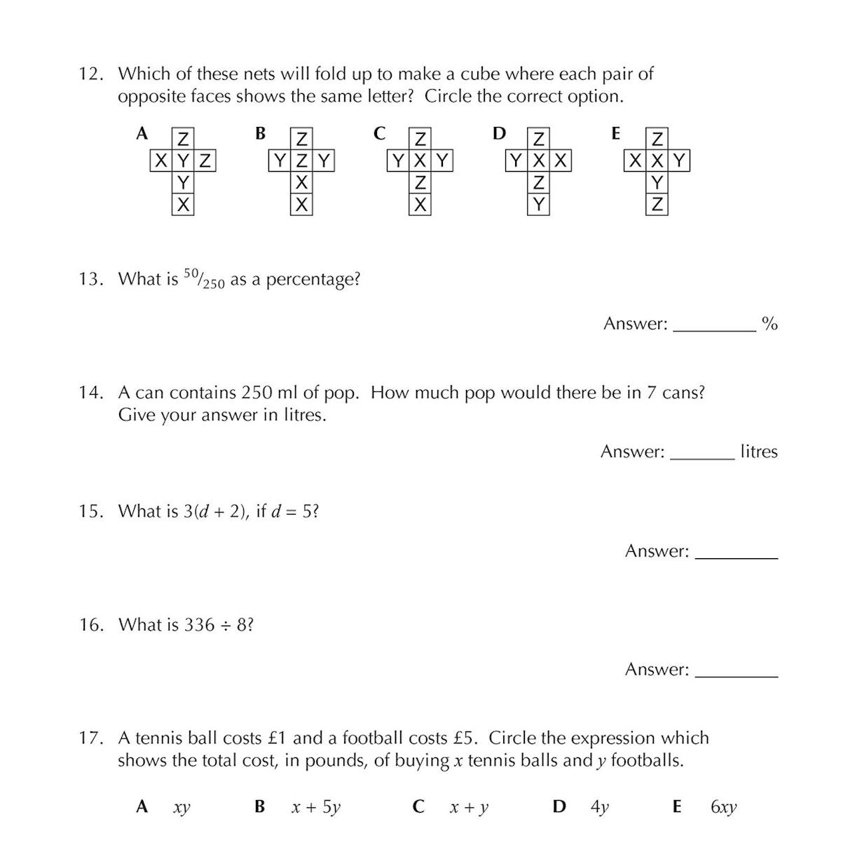 Sample test page showing timed 10-minute mental arithmetic questions