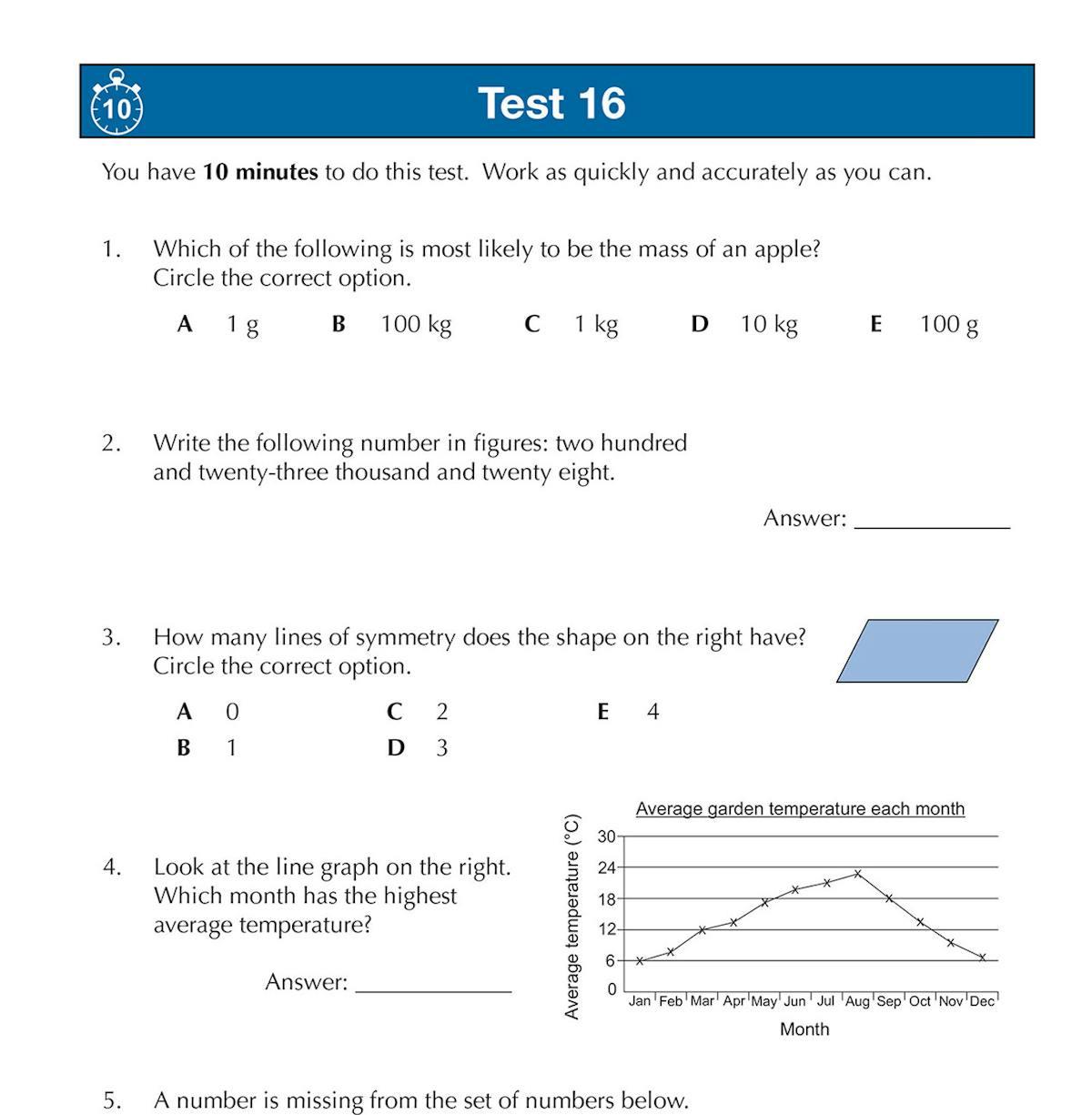 Interior pages displaying mental arithmetic questions with multiple-choice and written-answer formats
