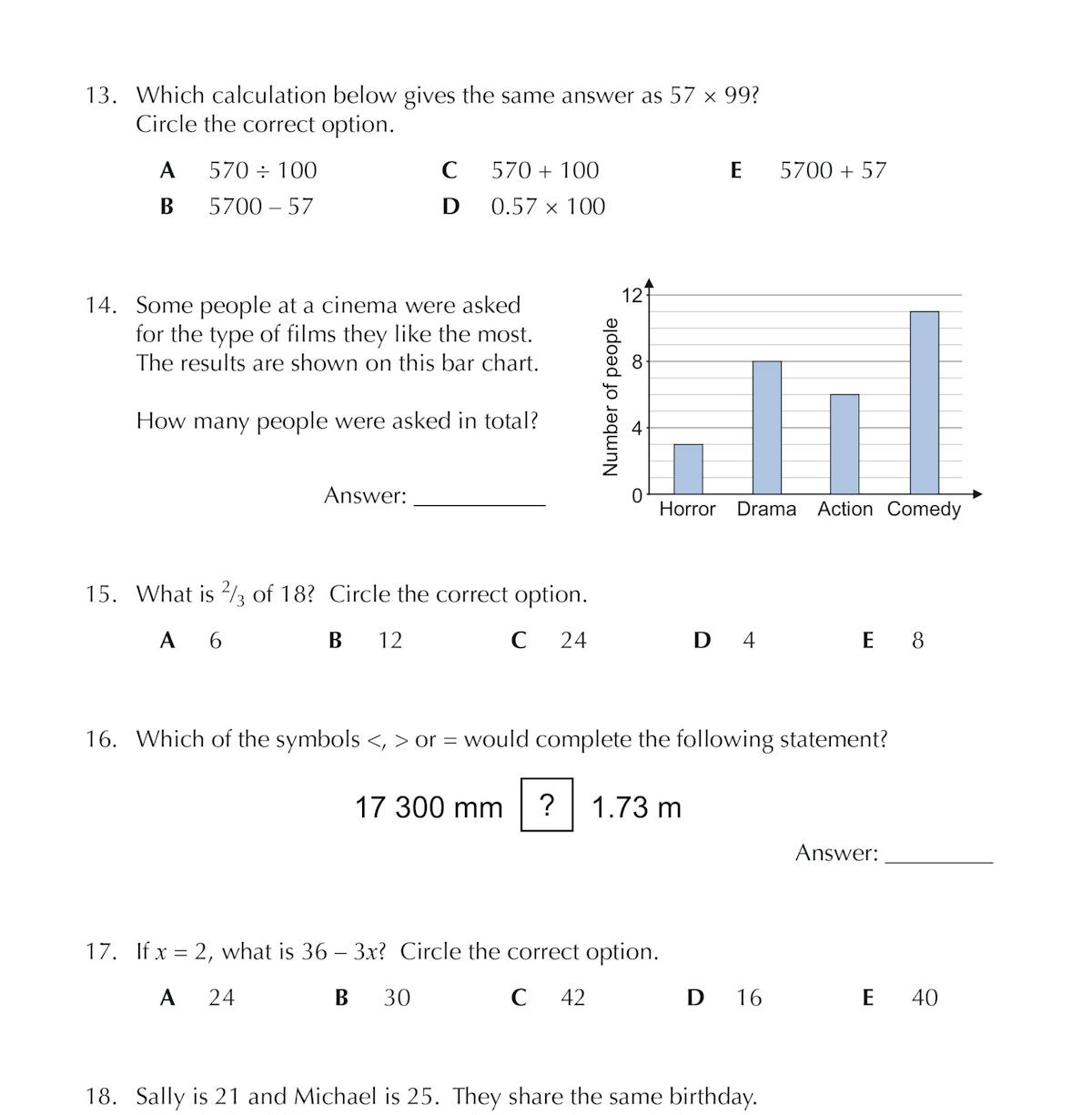 Sample page from the GL 11+ Mental Arithmetic test book showing a variety of mental maths questions