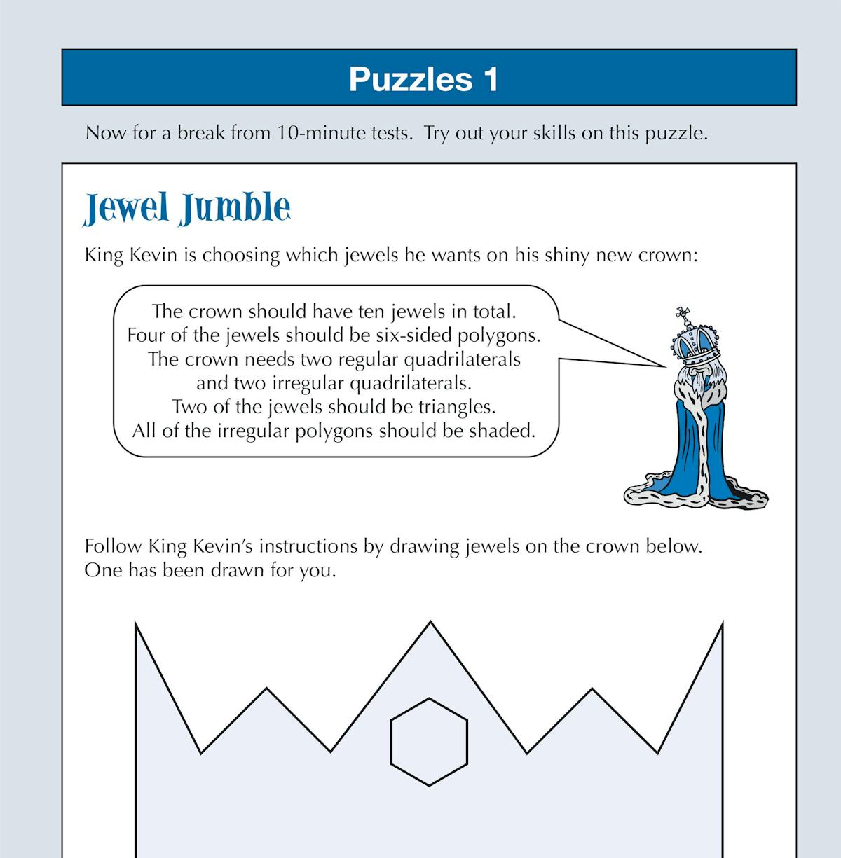 Puzzle page from the book showing a geometry-based activity with shapes and instructions