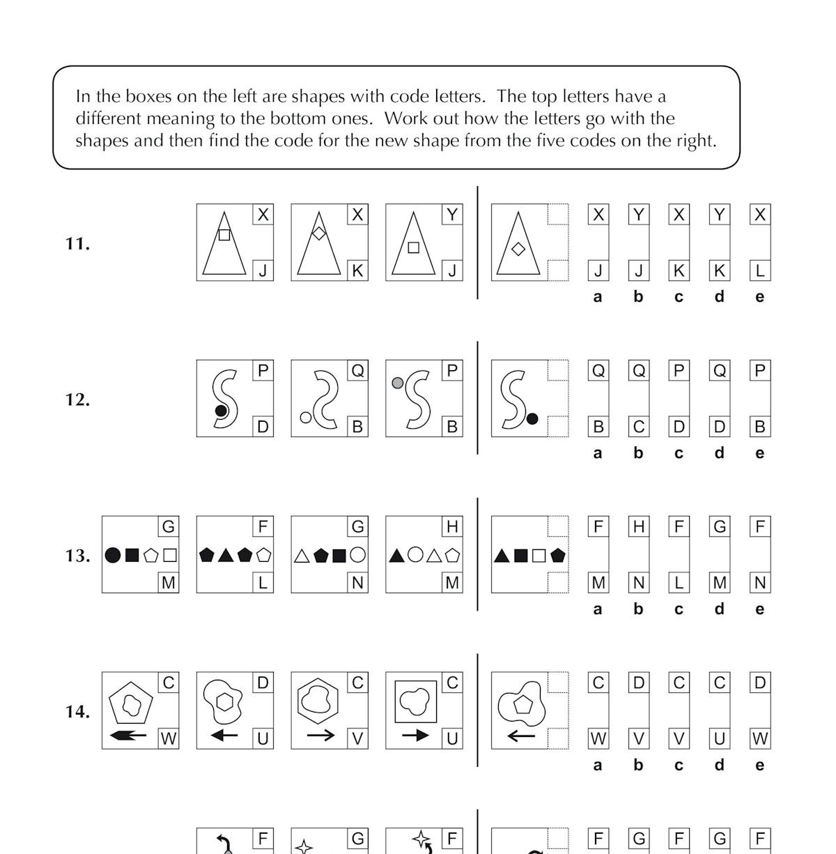 Sample test page showing coded shape questions with multiple-choice answers