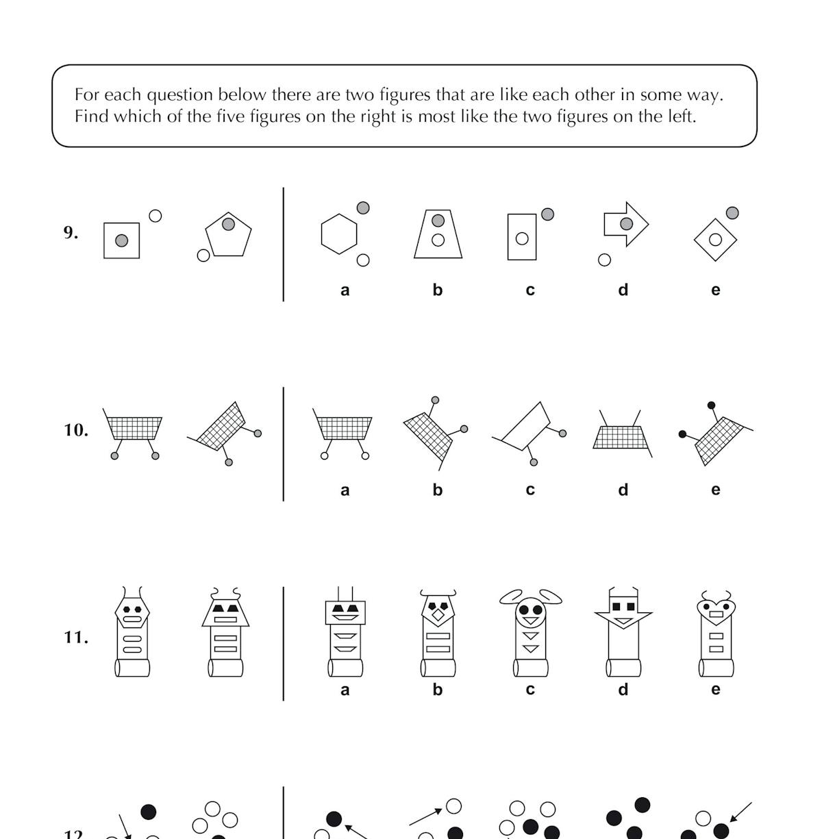 Sample test page showing non-verbal reasoning questions with multiple choice answers