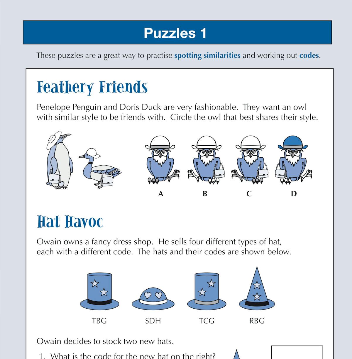 Sample puzzle page showing Feathery Friends and Hat Havoc activities